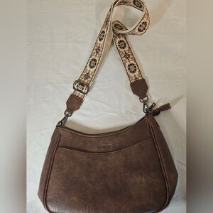 Faux-Leather Brown Shoulder Bag with Patterned Strap